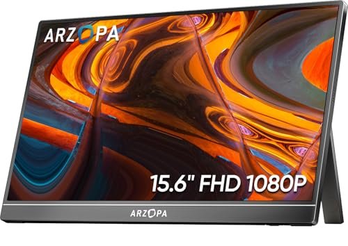 Monitor Portátil ARZOPA 15,6'' FHD 1080P - Monitor Ultra Fino para Laptop com Suporte - Display IPS para PC, MAC, Celular, Xbox, PS5 - Conectividade USB C e HDMI -A1