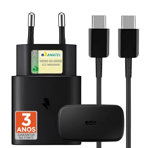 Carregador Turbo Compativel c/Samsung Galaxy, Motorola, Novo Iphone 15/16 - Fonte 25W Ultra,Carregamento Rápido, Tipo C + USB, Acompanha Cabo Tipo C, para Android/IOS - Certificado Premium Black