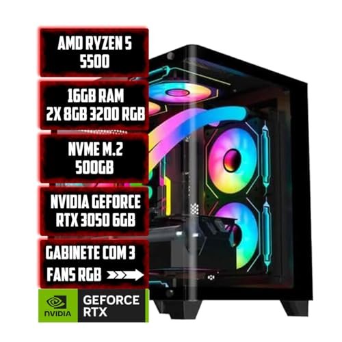 PC Gamer Live Ryzen 5 5500, 16GB RAM RGB, NVME M.2 500GB, RTX 3050 6GB, Gabinete com 4 Ventoinhas RGB
